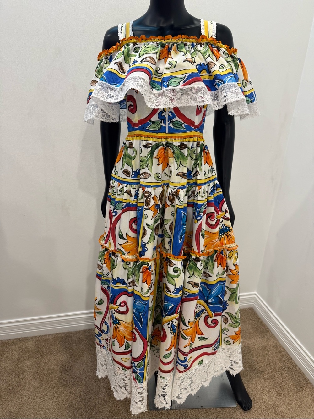Dolce & Gabbana Sicily Majolica Off Shoulder Cotton Lace Maxi Dress IT 42 US 6 - Picture 2 of 16
